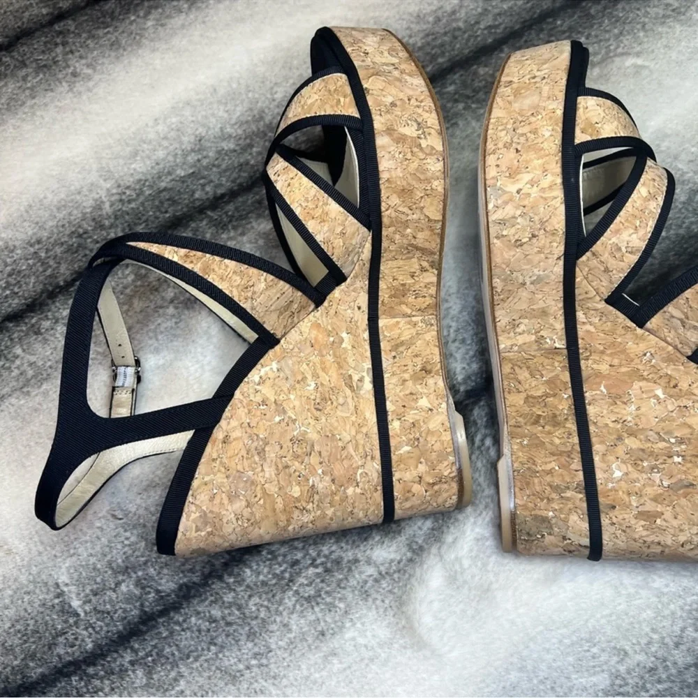 Jimmy Choo Alissa 120 mm Natural Black Cork Grosgrain Wedge Platform Heels